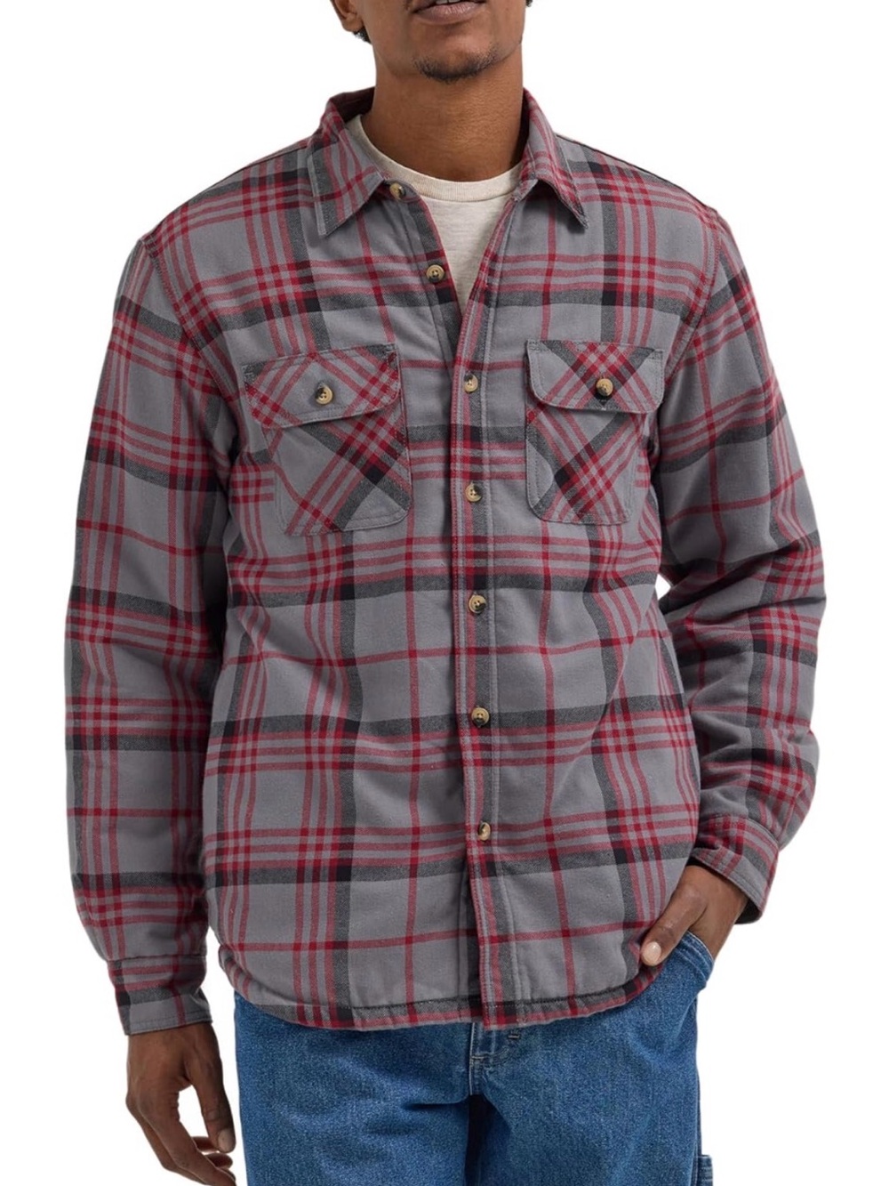 Wrangler Sherpa Lined Flannel Shirt Jacket Gray Red Plaid Men’s Size XL